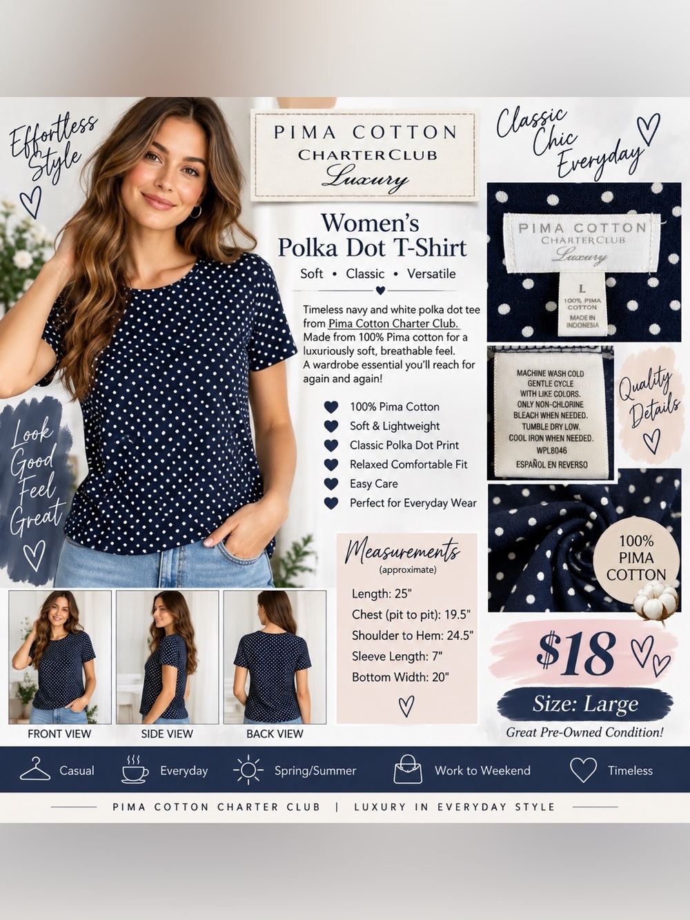 Charter Club Navy and White Polka Dot Short Sleeve Top